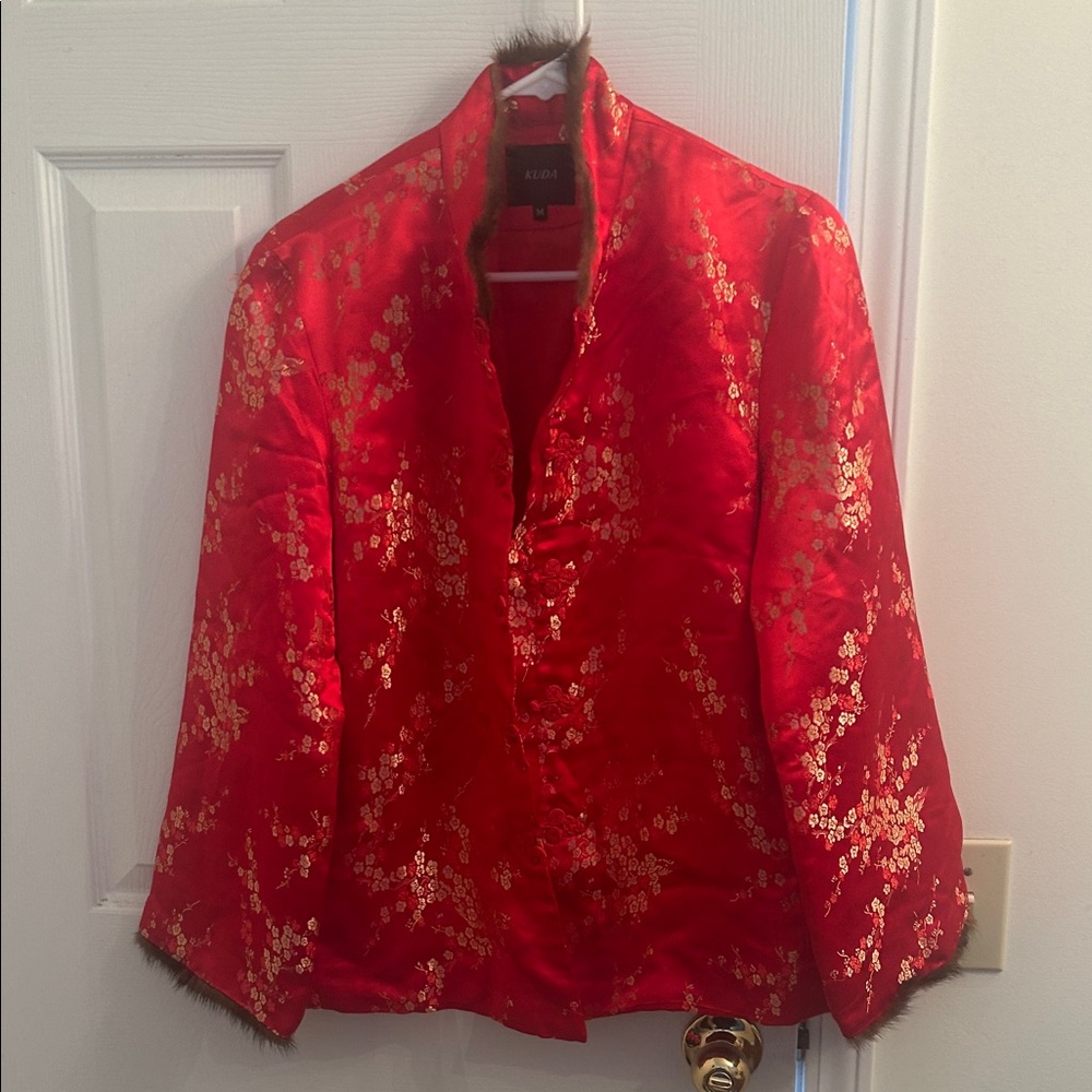 KUDA Red Gold Brocade Satin Chinese Tang Jacket Fur Trim Mandarin Collar Sz M